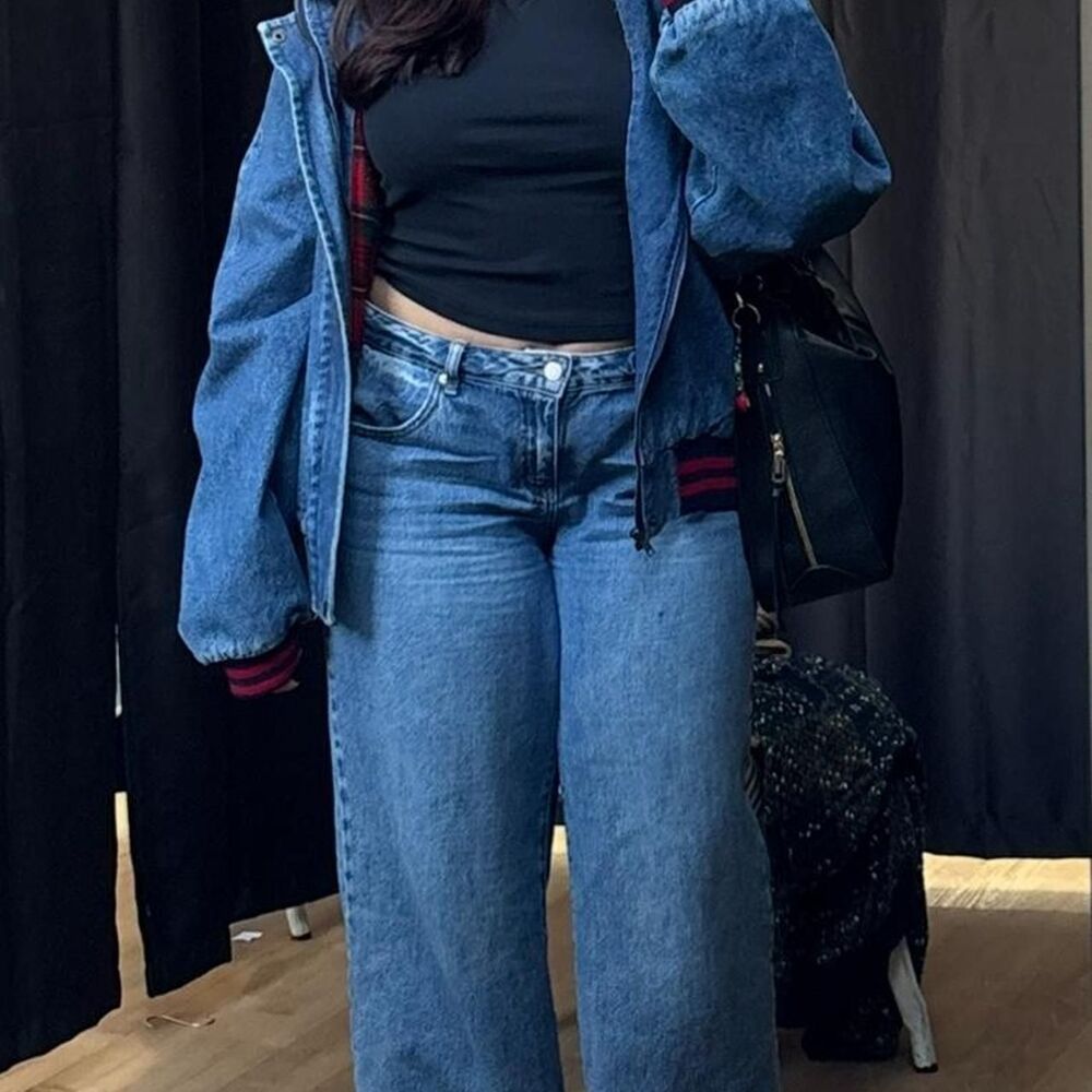 Baggy Denim Jacket with plaid lining